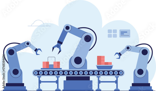 Robotic arms operate an automated assembly line in a factory setting.