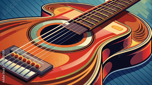 Very beautiful, close-up of a guitar, highlighting detailed strings, frets, body texture, and craftsmanship, capturing the elegance and artistry of the musical instrument for performance and design 