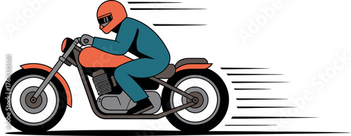 A person in a helmet rides a fast motorcycle with motion lines behind it.