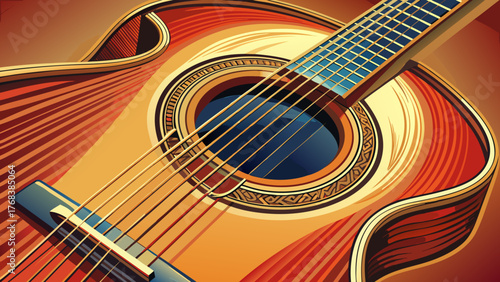 Very beautiful, close-up of a guitar, highlighting detailed strings, frets, body texture, and craftsmanship, capturing the elegance and artistry of the musical instrument for performance and design 