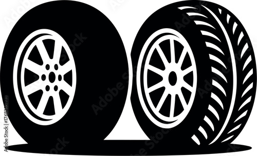 Two car tires are shown with one facing forward and the other turned