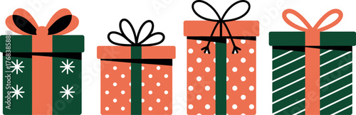 Four decorated gift boxes with ribbons and bows are displayed horizontally.