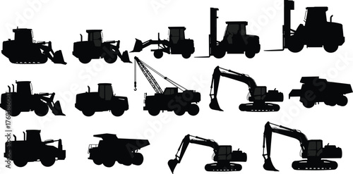 Construction equipment silhouettes, bulldozer, excavator, dump truck, crane, forklift, backhoe loader, heavy machinery, industrial vehicle, building site, engineering tools