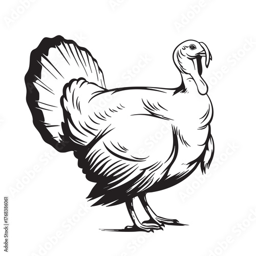 Detailed monochrome sketch of a stout turkey with a large, fanned tail.