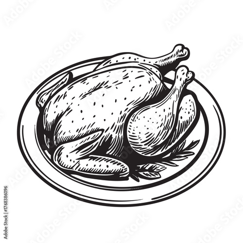 Monochrome sketch of a roasted turkey on a garnished plate.