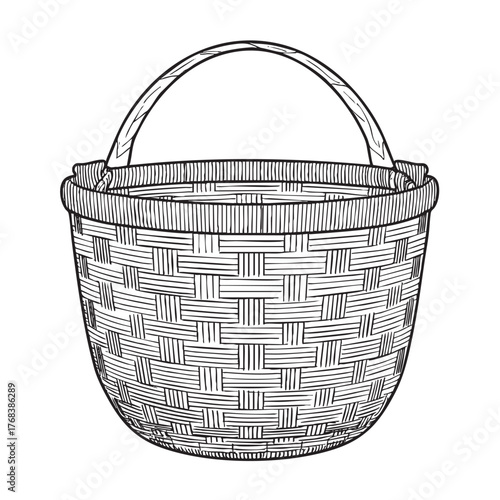 Monochrome line drawing of a round, woven basket with a handle.
