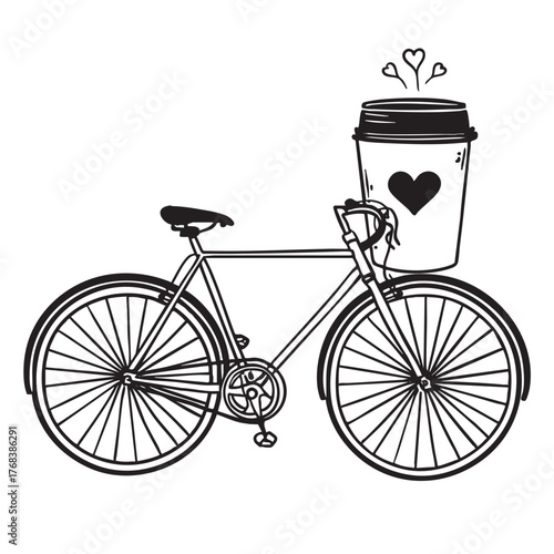 Monochrome drawing of a bicycle carrying a large coffee cup with hearts.