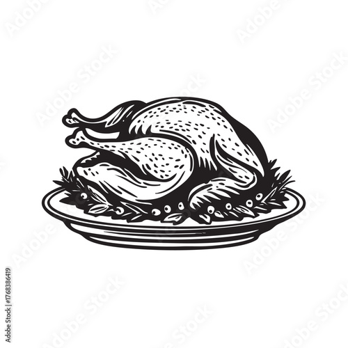Engraving of a whole roasted turkey on a platter with berries and herbs.