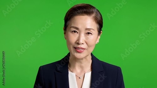 Asian woman in a navy blazer against green screen background looking at camera and speaking
