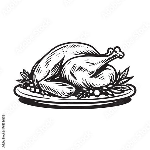 Engraved sketch of a roasted turkey or chicken on a garnished platter.