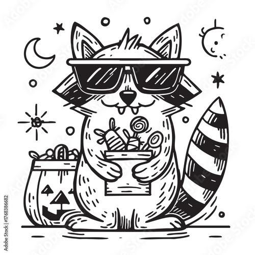 Monochrome drawing of a cool raccoon in shades holding candy treats.