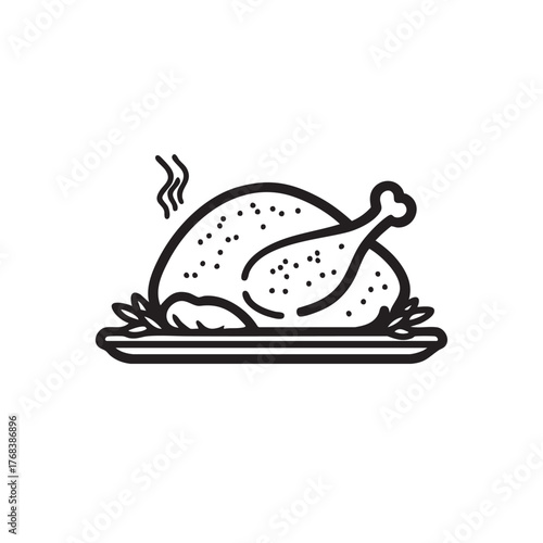 A simple monochrome icon of a steaming roasted turkey on a plate.