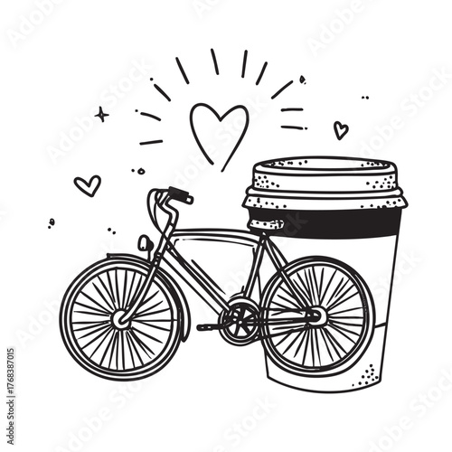 Monochrome line drawing of a bicycle and coffee cup with heart.