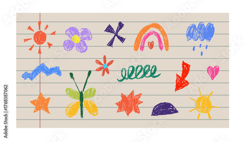 Kids drawn flower, sun and butterfly elements with crayon brush texture on paper background