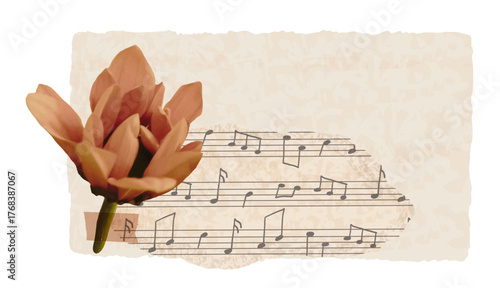 Ripped music paper and flower with adhesive tape. Paper collage in vintage style