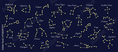 Star map with zodiac sign on night space background. Leo, gemini, libra and other costellation