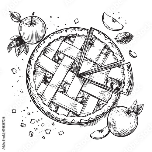 Overhead sketch of a sliced apple pie with lattice crust.