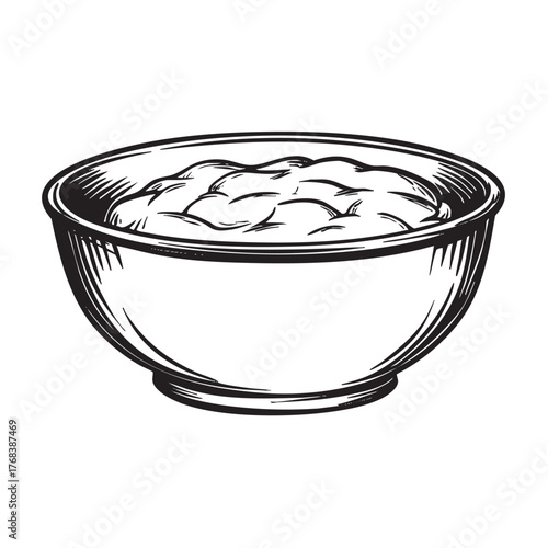 Black and white sketch of a full bowl of mashed potatoes.