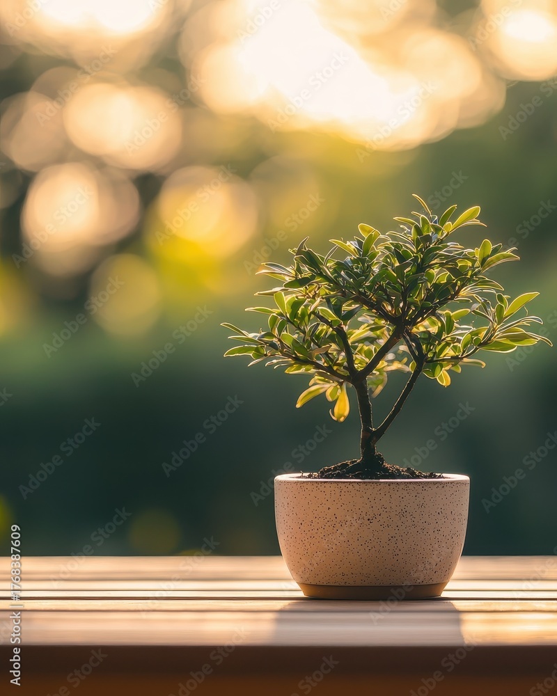 Fototapeta premium Small green bonsai tree in speckled pot on wooden table with bokeh background