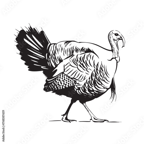 Black and white sketch of a walking wild turkey.