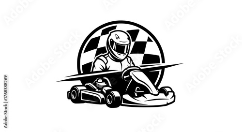 Go Kart Logo Badge Vector Helmeted Driver & Checkered Flag