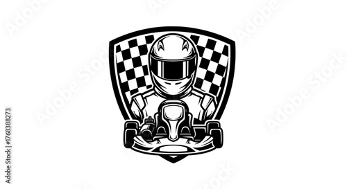 Go Kart Logo Badge Vector Helmeted Driver & Checkered Flag