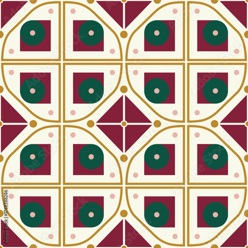 elegant geometric seamless pattern in rich Emerald, Ruby, and Cream with Gold accents. Art Deco/Moroccan style tiling for luxury packaging, vintage fashion, or festive holiday backgrounds.