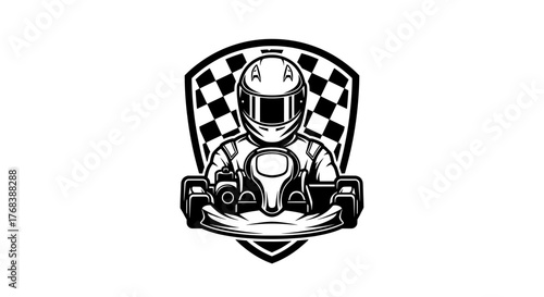 Go Kart Logo Badge Vector Helmeted Driver & Checkered Flag