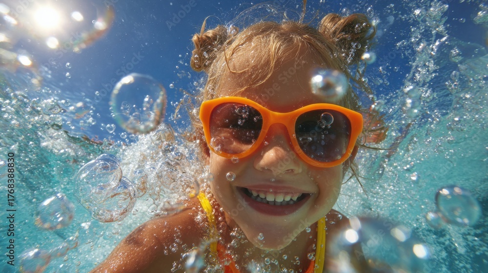 Naklejka premium A young girl wearing bright orange sunglasses smiles happily while swimming bubbles dancing around her.