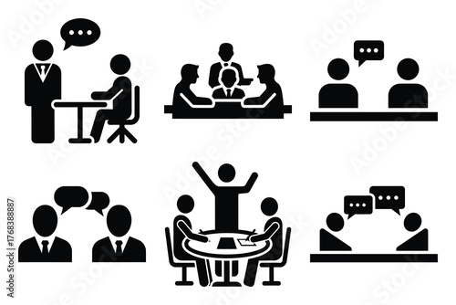 business discussion silhouette vector icon set. business related icon set