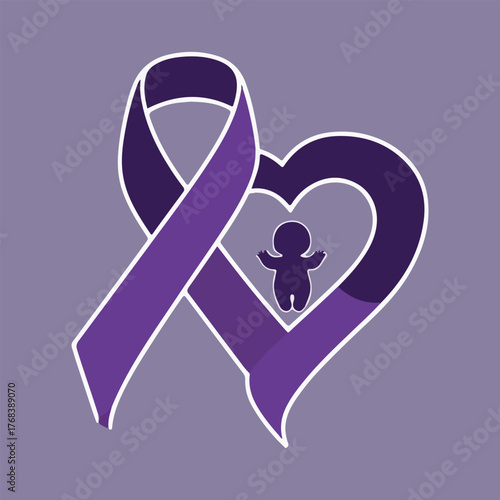 Tiny baby footprints, heart ribbon, caregiver hands, preemie support, awareness icons and solid color vector collection for World Prematurity Day