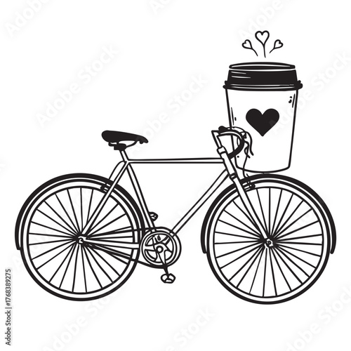 Monochrome sketch of a bicycle with a giant coffee cup and hearts.
