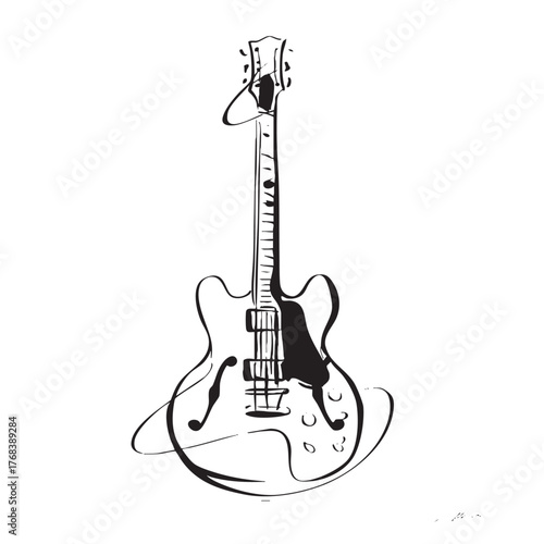 Monochrome sketch of a hollow-body electric guitar instrument.