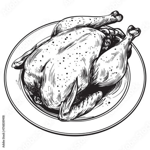 A roasted, seasoned fowl served whole on a round plate.