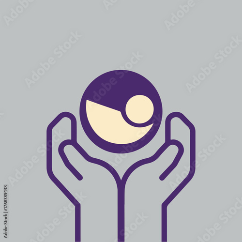 Tiny baby footprints, heart ribbon, caregiver hands, preemie support, awareness icons and solid color vector collection for World Prematurity Day