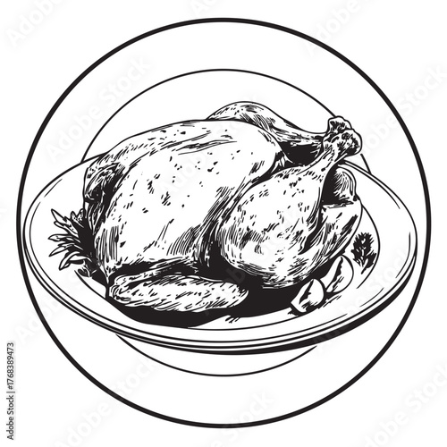 A roasted fowl served on a circular plate with garnish.