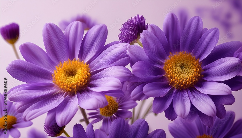 Obraz premium close up of vibrant purple flowers with delicate petals and yellow centers against a pale background creating a vivid floral composition rich in color contrast and texture