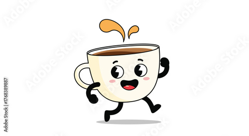 Cute anthropomorphic coffee cup with a happy face running, splashing coffee on the floor.