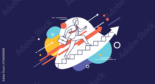 A businessman climbs stairs towards success with rising arrows and abstract shapes.