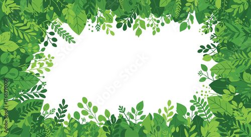 A vibrant frame of lush green leaves and foliage in various shades and shapes.