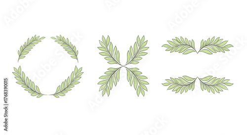 Set of decorative leafy branches in green, forming wreaths and borders.