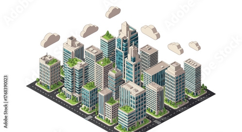 Isometric illustration of a modern city skyline with tall buildings and clouds.