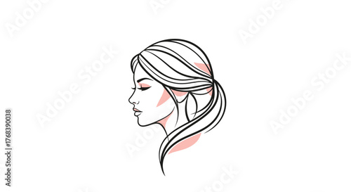 Minimalist line art of a woman's profile with flowing hair and subtle pink blush accents.