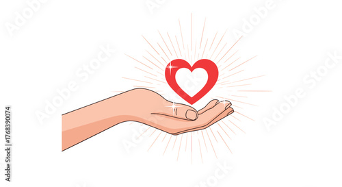 Open hand holding a glowing red heart with radiating light effects, symbolizing love and care.