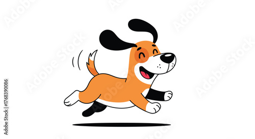 Happy cartoon dog running with its tongue out and ears flapping in the air.