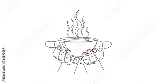 Two hands cradling a bowl of steaming soup with visible heat waves rising above.