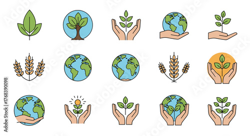 Collection of environmental and nature icons featuring earth, plants, and agricultural elements.