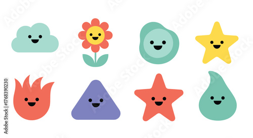 Cute cartoon icons of various shapes with happy faces on a white background; a collection of.