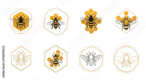 Collection of stylized bee icons with honeycomb and geometric frames on a white background.