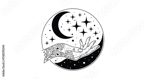 Black and white illustration of a hand holding stars and moon against a starry background.